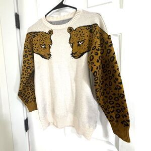 Leopard Print Sleeved Cardigan Sweater Women's Knit Pullover Womens Size Small